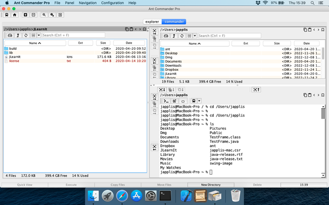 Ant Commander Pro file manager 3 panels with terminal on macOS